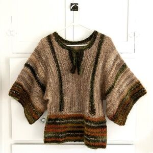 Vintage Hand Knit Angora Wool Sweater Bow Neck Striped Small